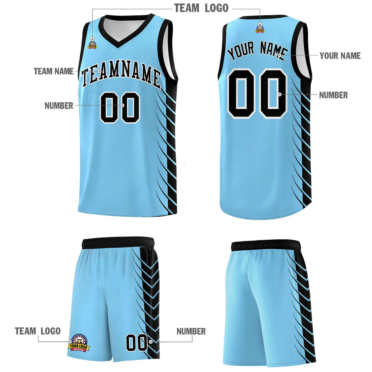 Custom Light Blue Black Personalized Side Symmetrical Line Pattern Sports Uniform Basketball Jersey