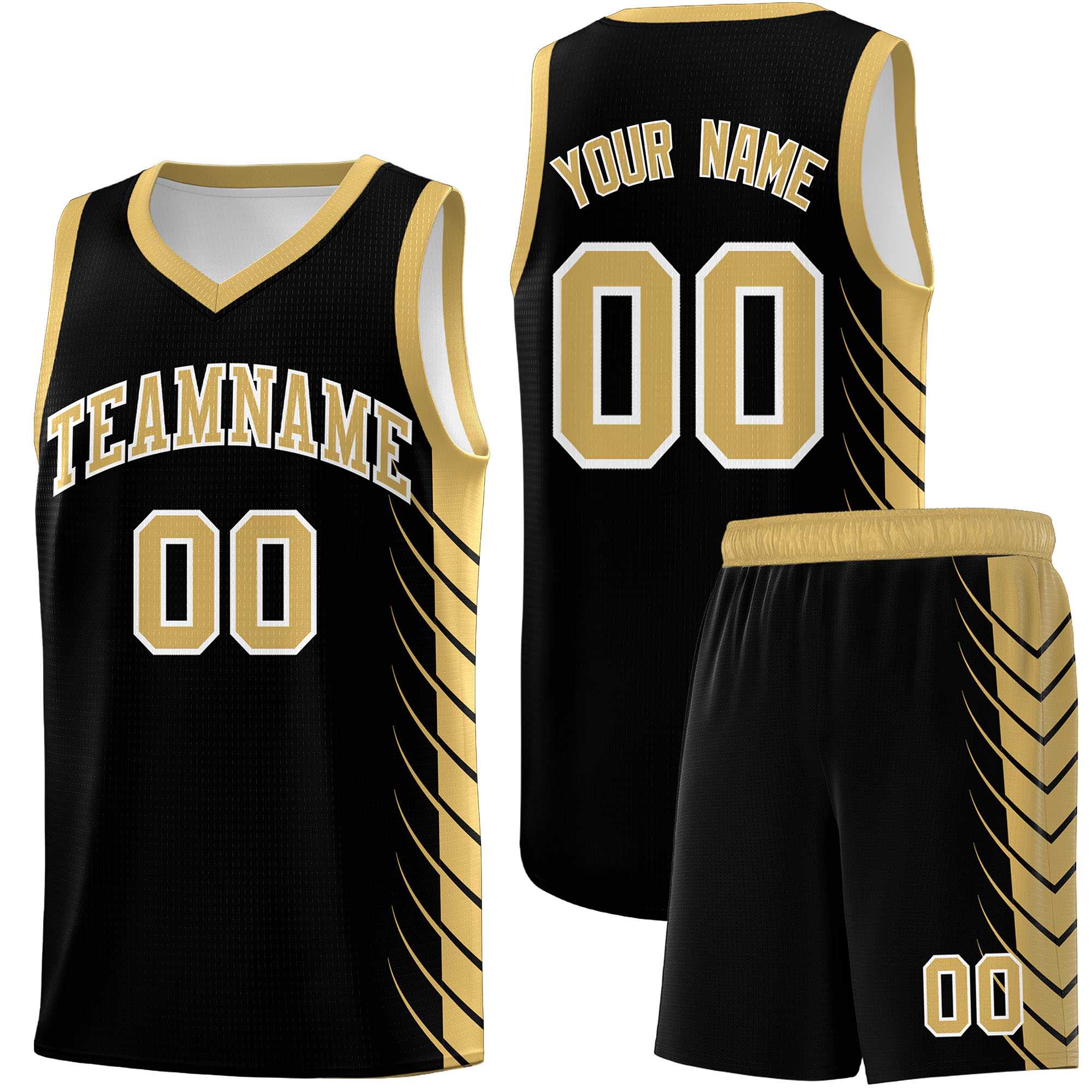 Custom Black Old Gold Personalized Side Symmetrical Line Pattern Sports Uniform Basketball Jersey