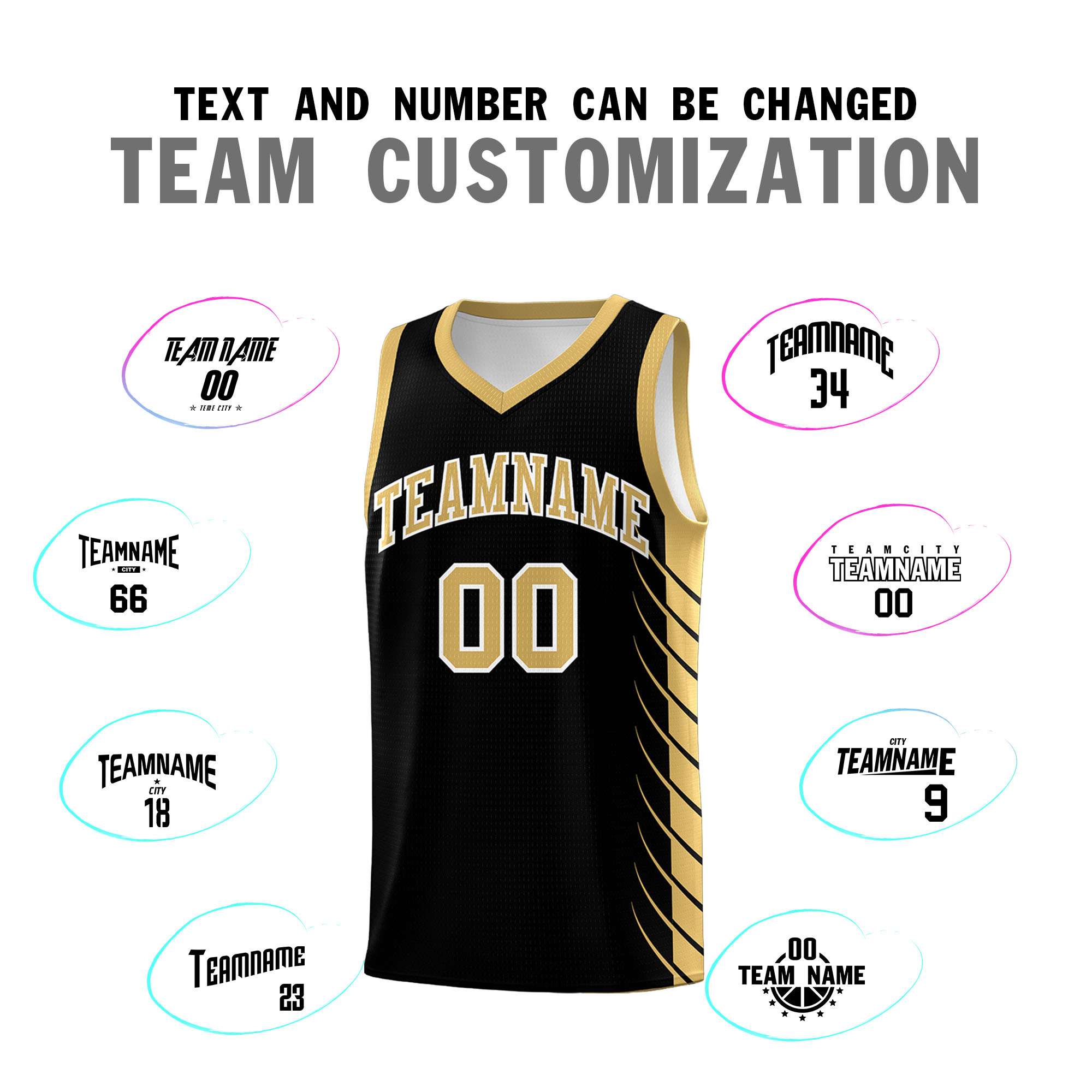 Custom Black Old Gold Personalized Side Symmetrical Line Pattern Sports Uniform Basketball Jersey