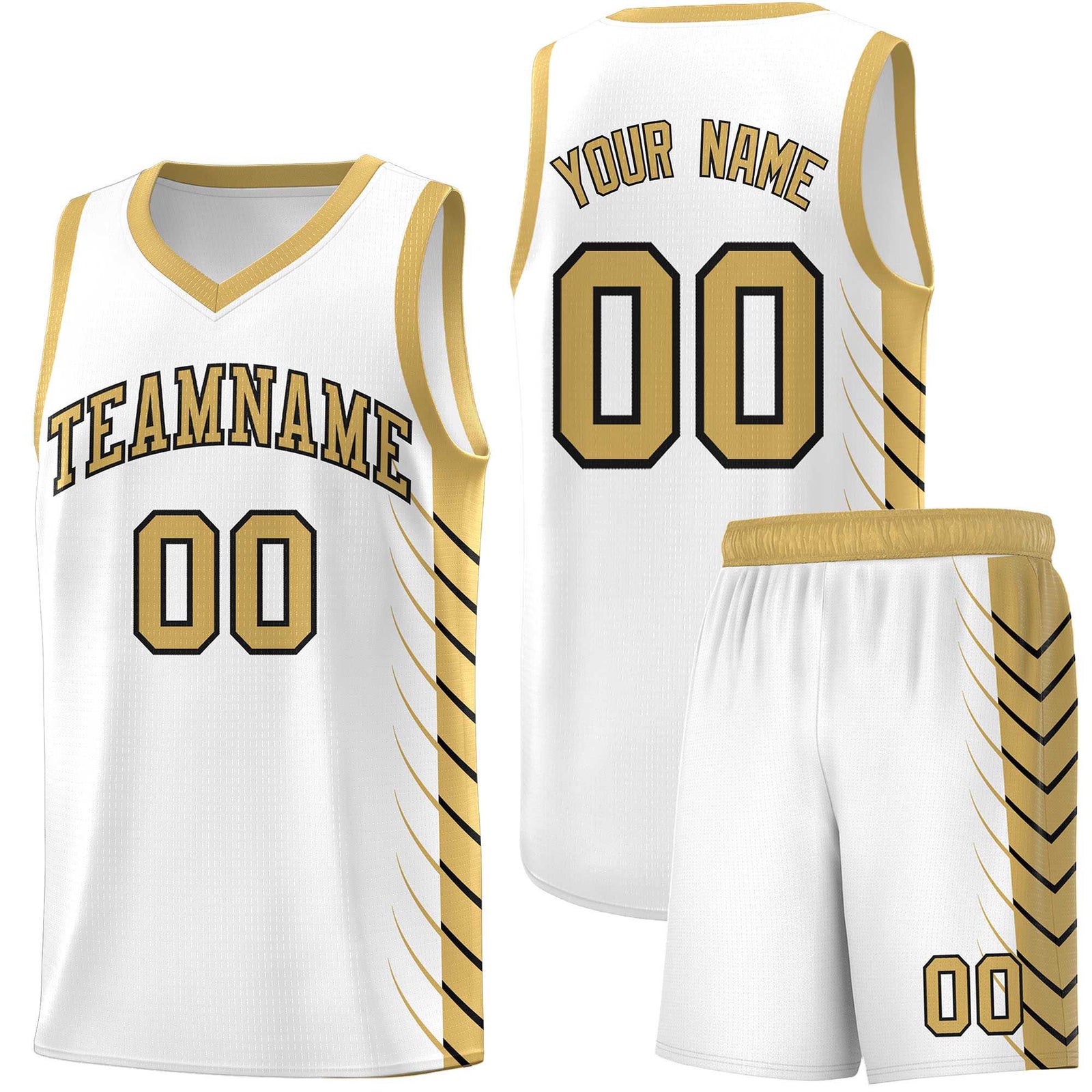 Custom White Old Gold Personalized Side Symmetrical Line Pattern Sports Uniform Basketball Jersey