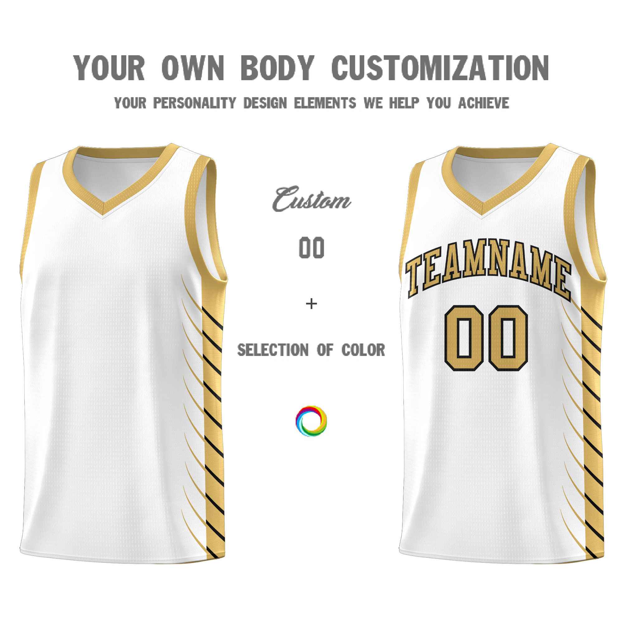 Custom White Old Gold Personalized Side Symmetrical Line Pattern Sports Uniform Basketball Jersey
