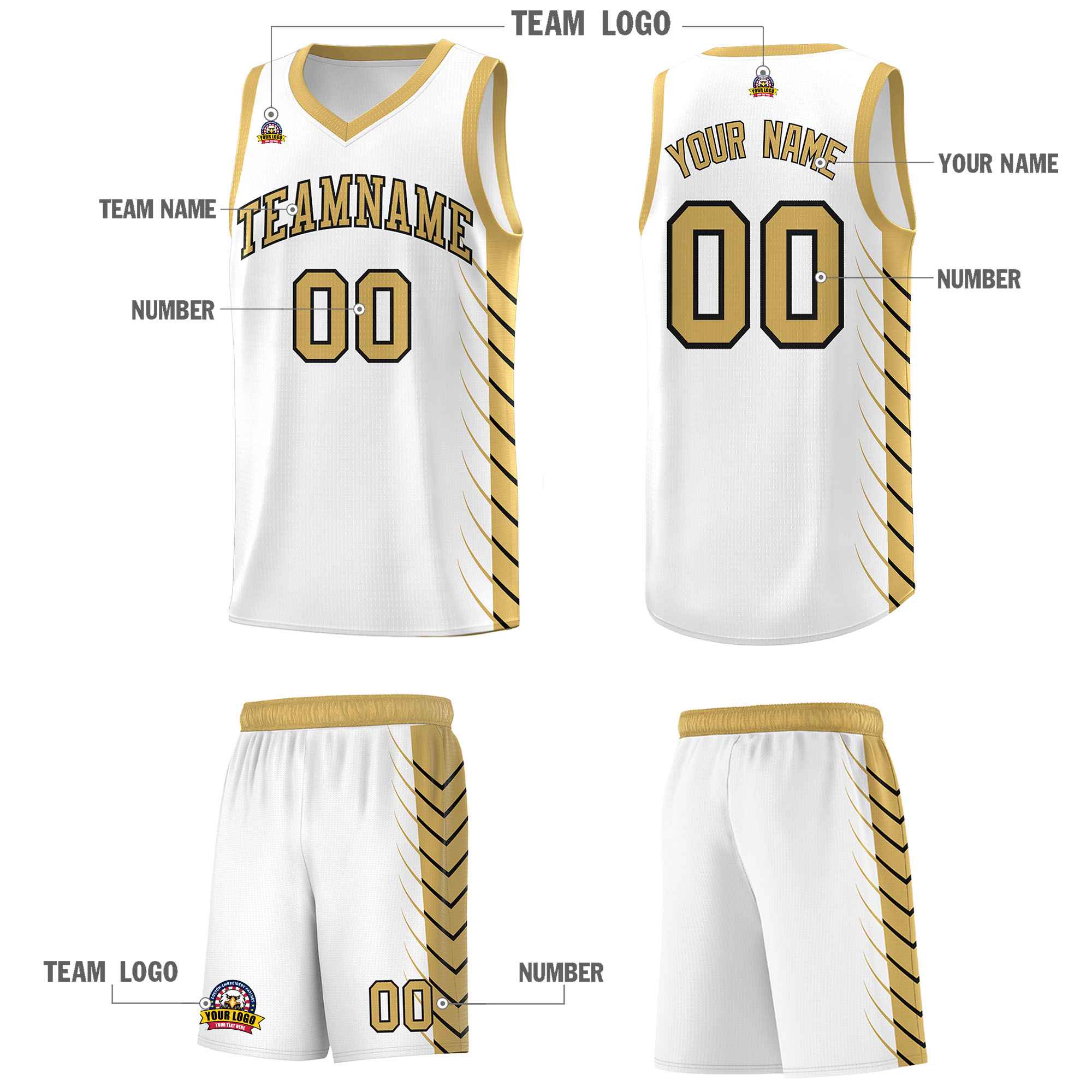 Custom White Old Gold Personalized Side Symmetrical Line Pattern Sports Uniform Basketball Jersey