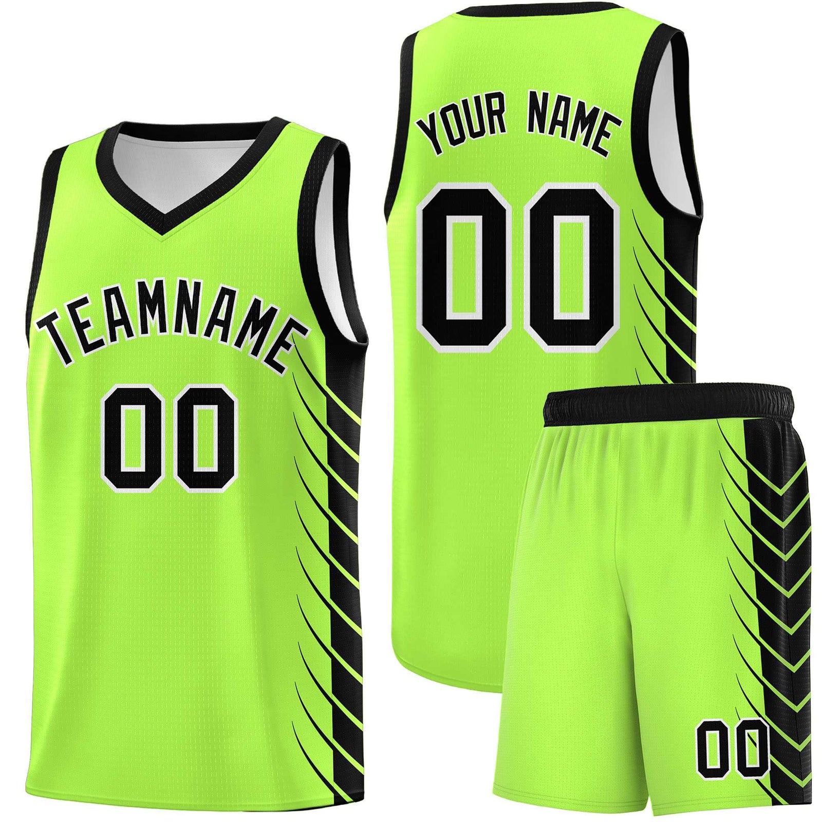 Custom Fluorescent Green Black Personalized Side Symmetrical Line Pattern Sports Uniform Basketball Jersey