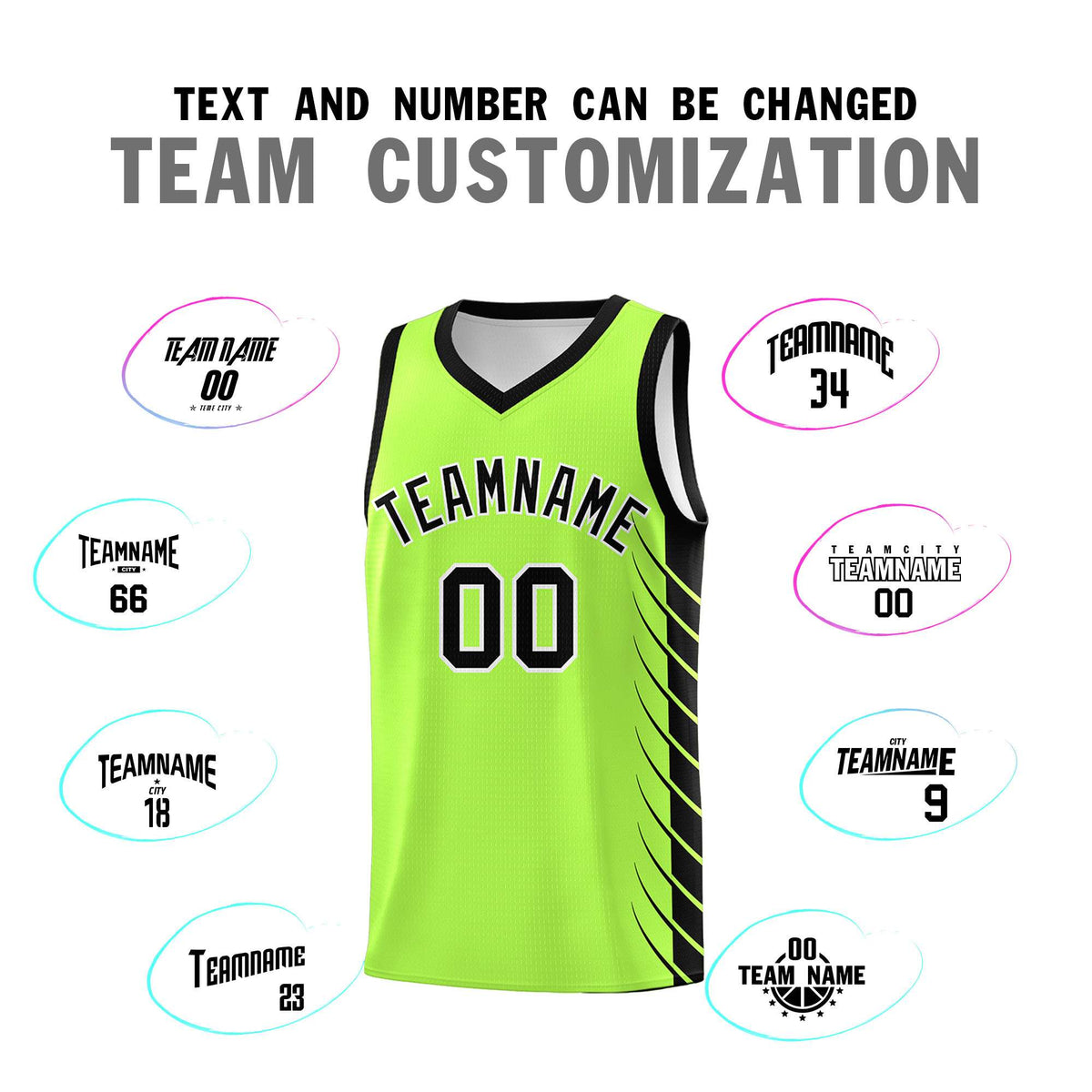 Custom Fluorescent Green Black Personalized Side Symmetrical Line Pattern Sports Uniform Basketball Jersey