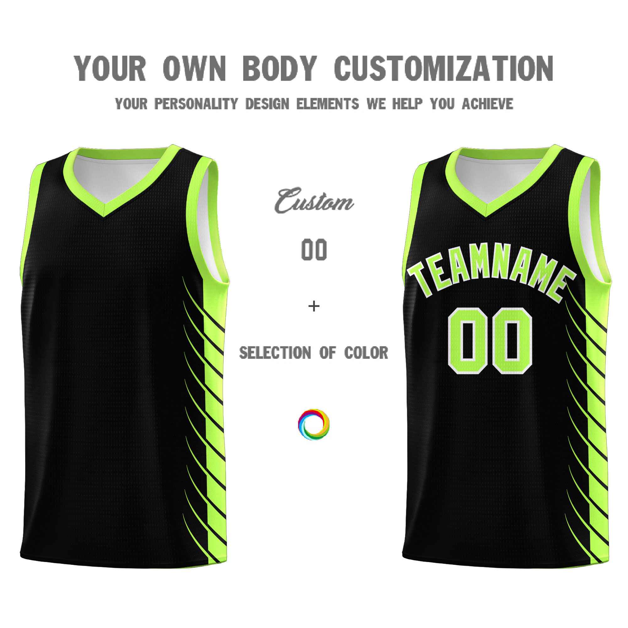 Custom Black Fluorescent Green Personalized Side Symmetrical Line Pattern Sports Uniform Basketball Jersey