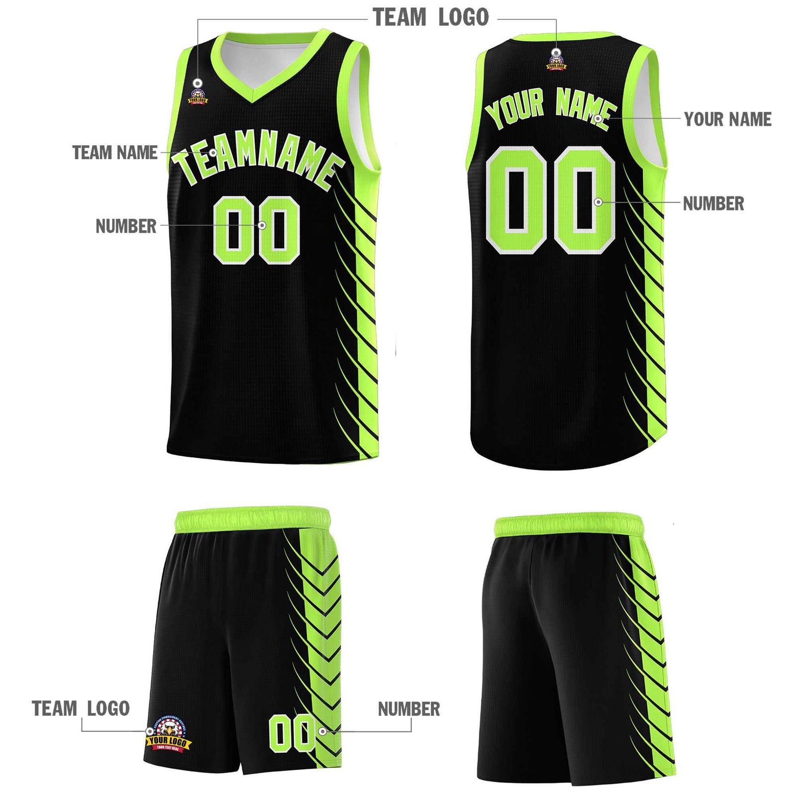 Custom Black Fluorescent Green Personalized Side Symmetrical Line Pattern Sports Uniform Basketball Jersey