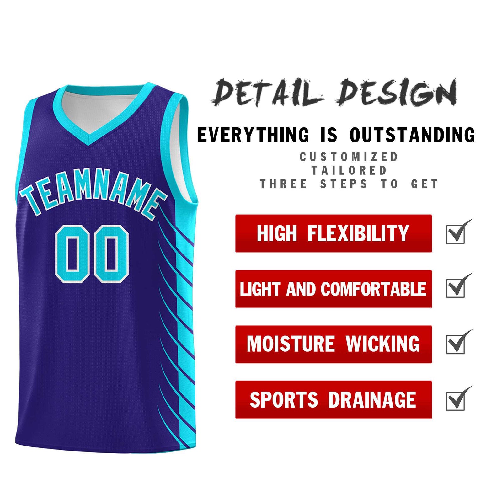 Custom Royal Sky Blue Personalized Side Symmetrical Line Pattern Sports Uniform Basketball Jersey