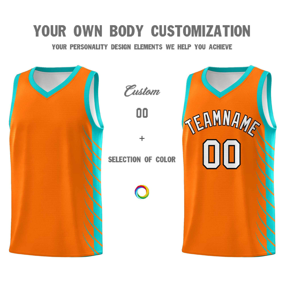 Custom Orange Aqua Personalized Side Symmetrical Line Pattern Sports Uniform Basketball Jersey