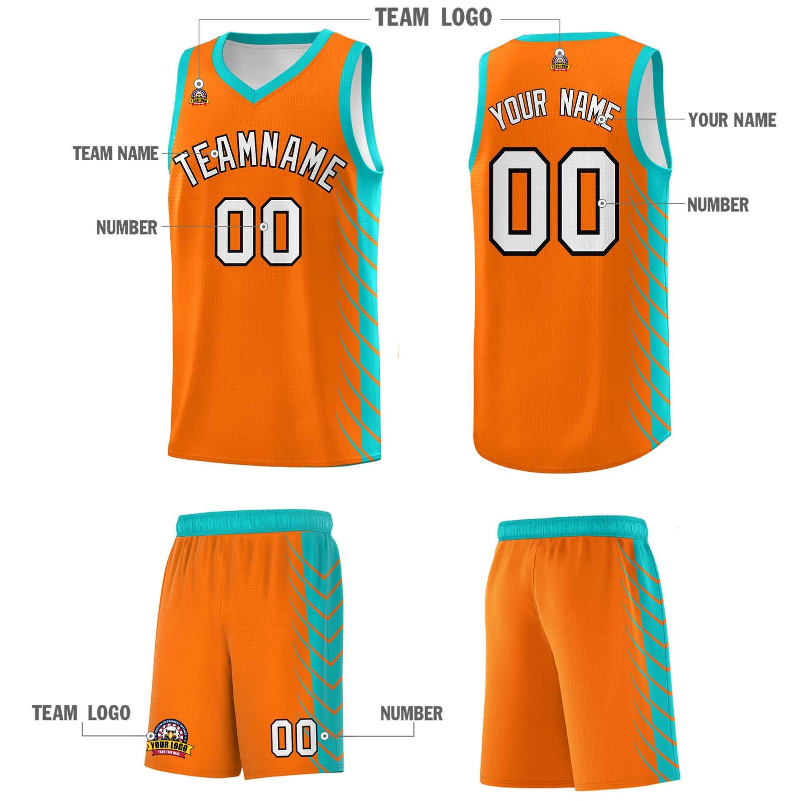 Custom Orange Aqua Personalized Side Symmetrical Line Pattern Sports Uniform Basketball Jersey