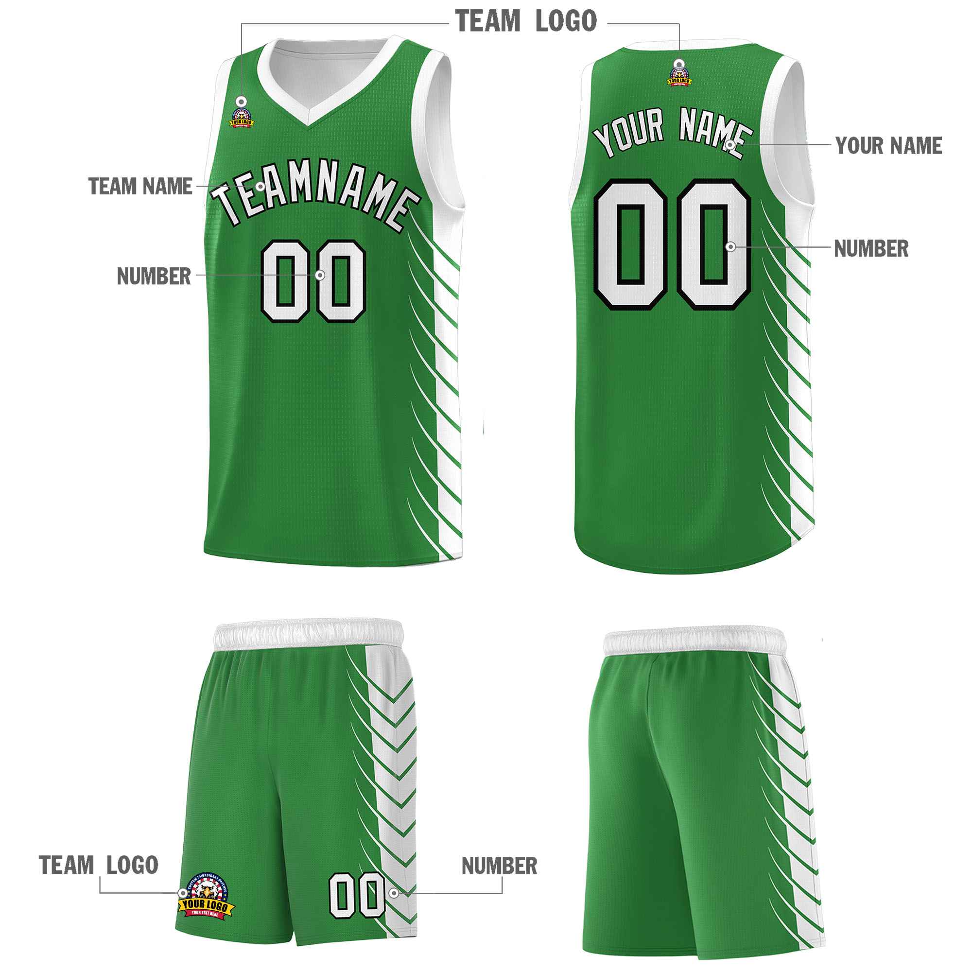 Custom Kelly Green White Personalized Side Symmetrical Line Pattern Sports Uniform Basketball Jersey