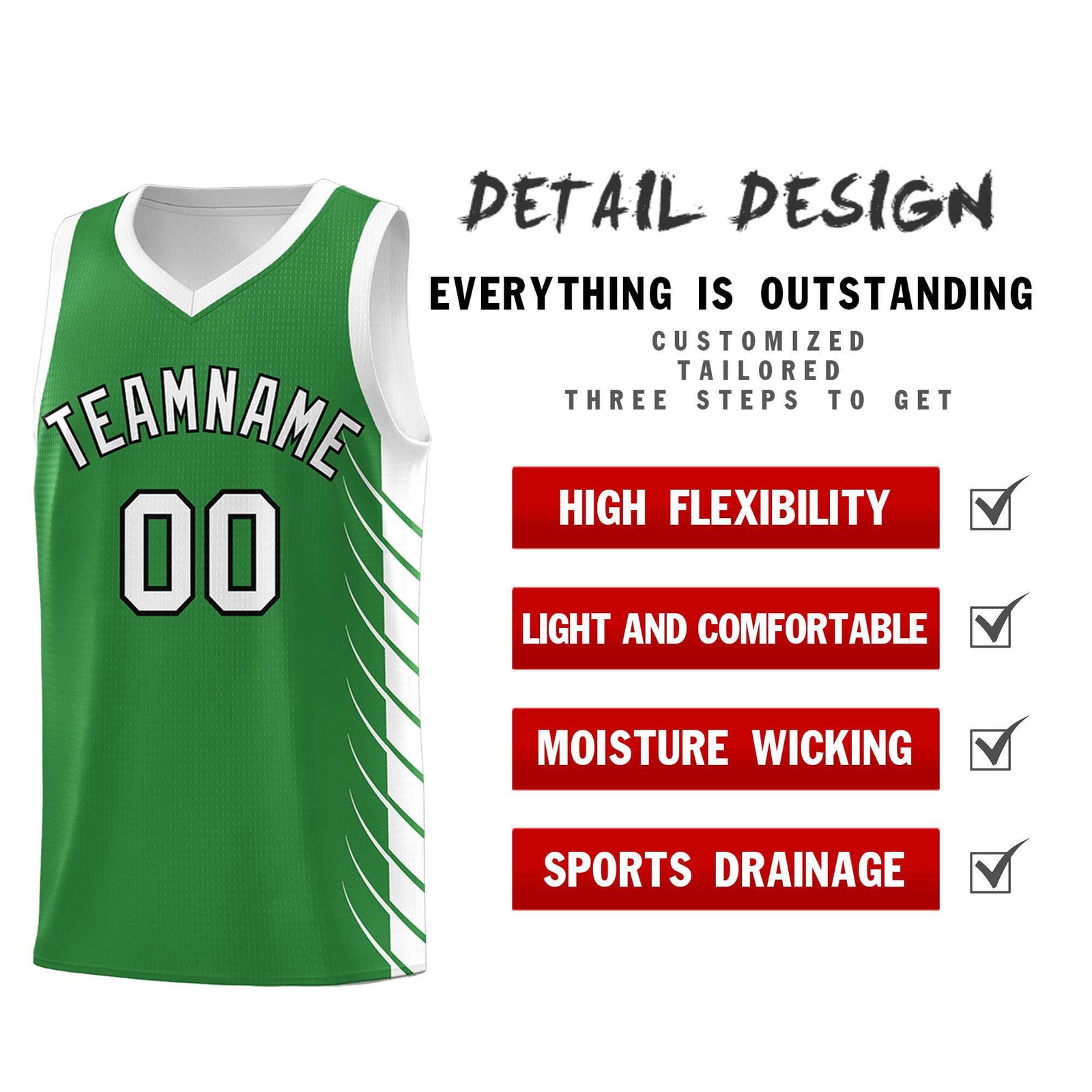 Custom Kelly Green White Personalized Side Symmetrical Line Pattern Sports Uniform Basketball Jersey