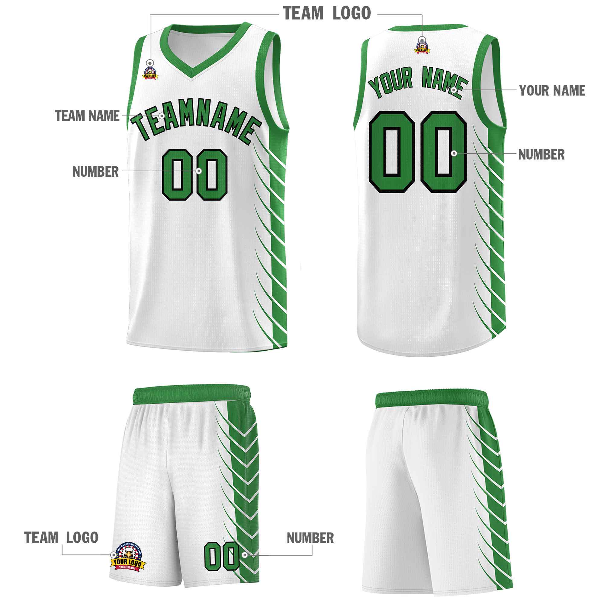 Custom White Kelly Green Personalized Side Symmetrical Line Pattern Sports Uniform Basketball Jersey