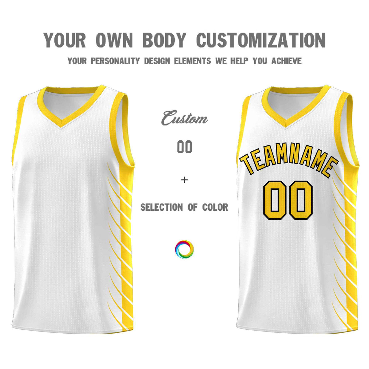 Custom White Gold Personalized Side Symmetrical Line Pattern Sports Uniform Basketball Jersey