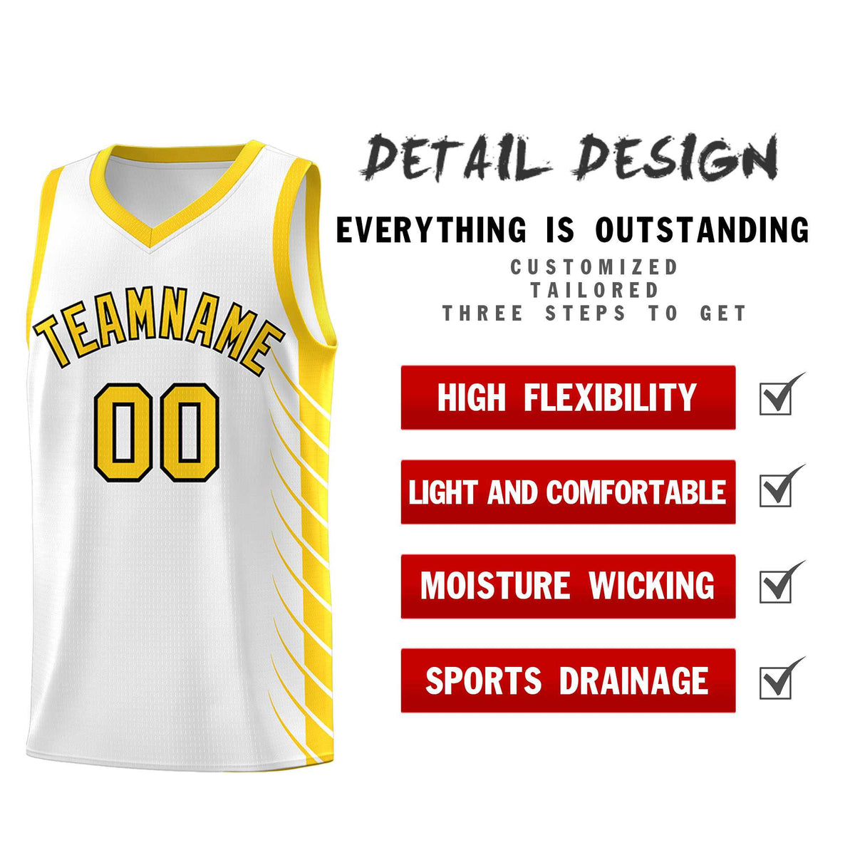 Custom White Gold Personalized Side Symmetrical Line Pattern Sports Uniform Basketball Jersey
