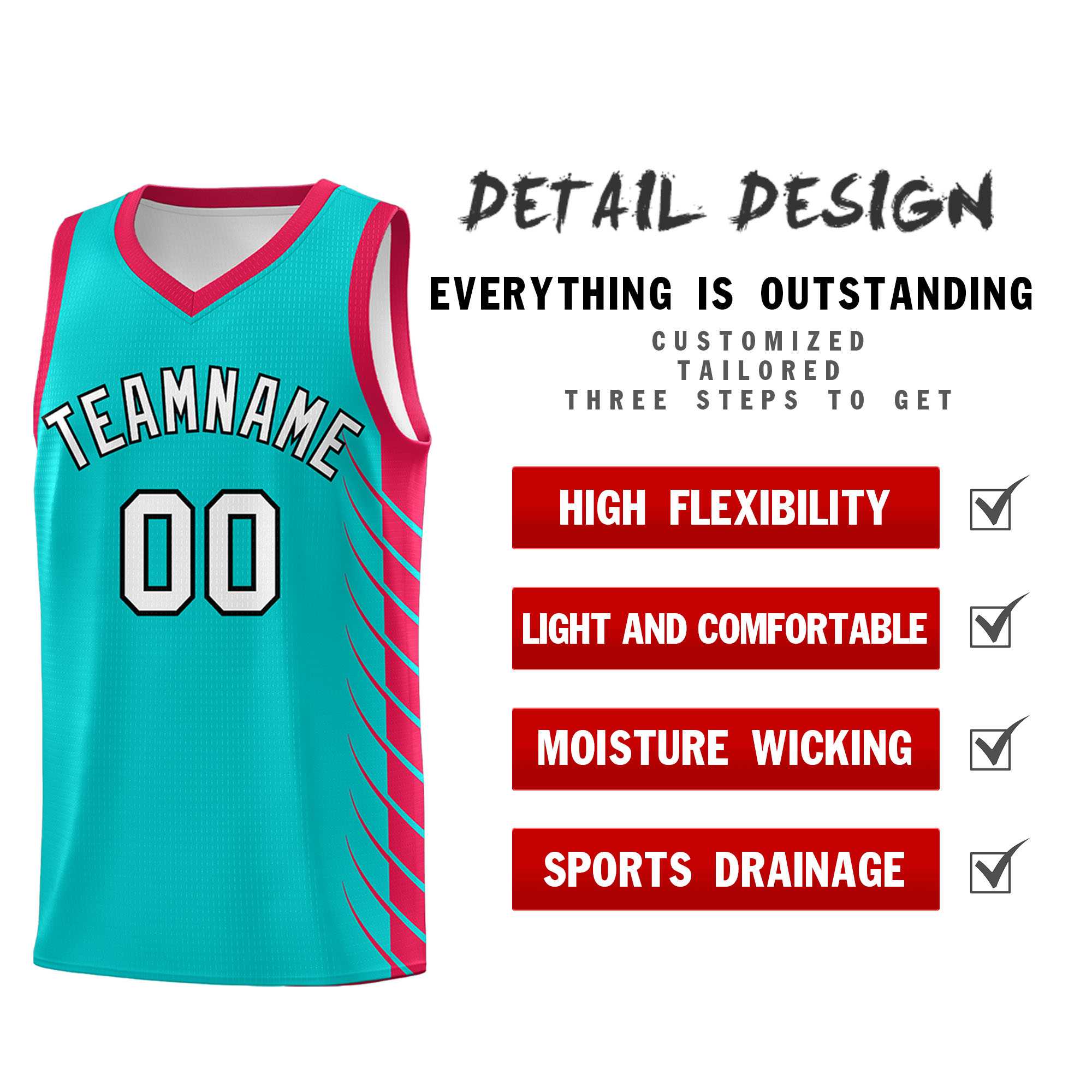 Custom Aqua Red Personalized Side Symmetrical Line Pattern Sports Uniform Basketball Jersey