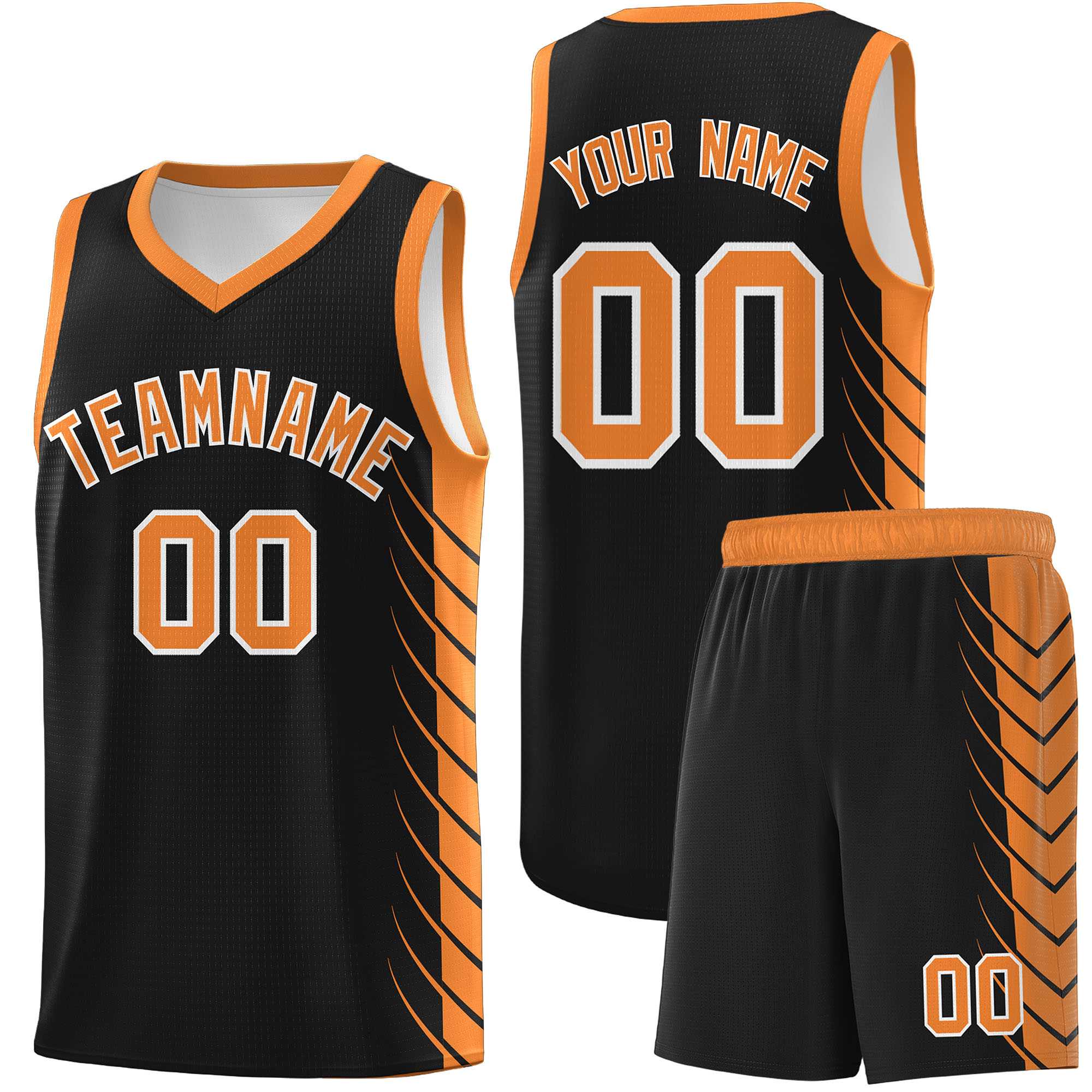 Custom Black Gold Orange Personalized Side Symmetrical Line Pattern Sports Uniform Basketball Jersey