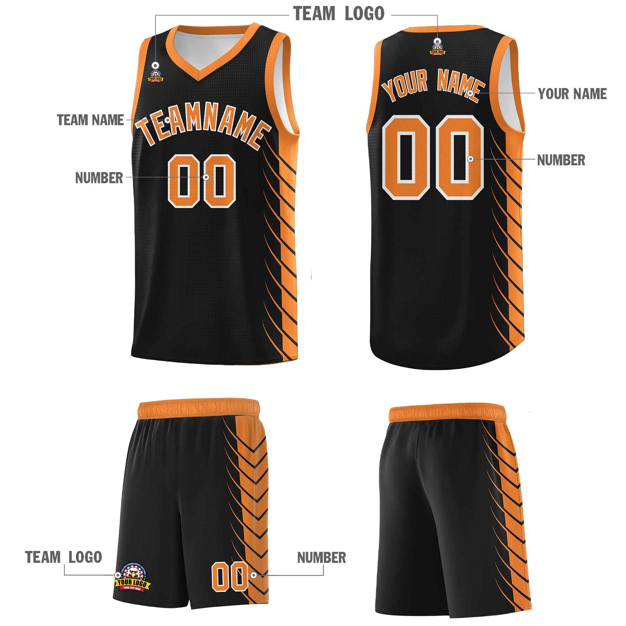 Custom Black Gold Orange Personalized Side Symmetrical Line Pattern Sports Uniform Basketball Jersey