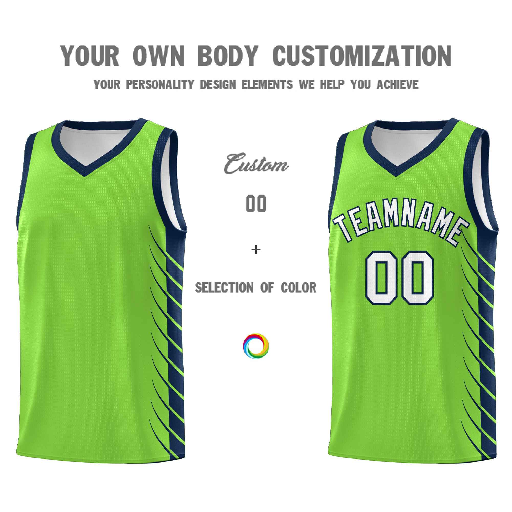 Custom Fluorescent Green Navy Personalized Side Symmetrical Line Pattern Sports Uniform Basketball Jersey