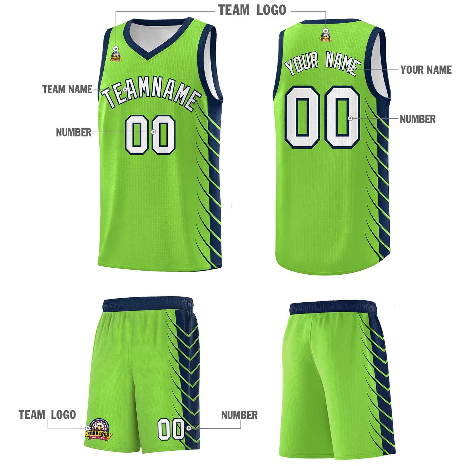 Custom Fluorescent Green Navy Personalized Side Symmetrical Line Pattern Sports Uniform Basketball Jersey