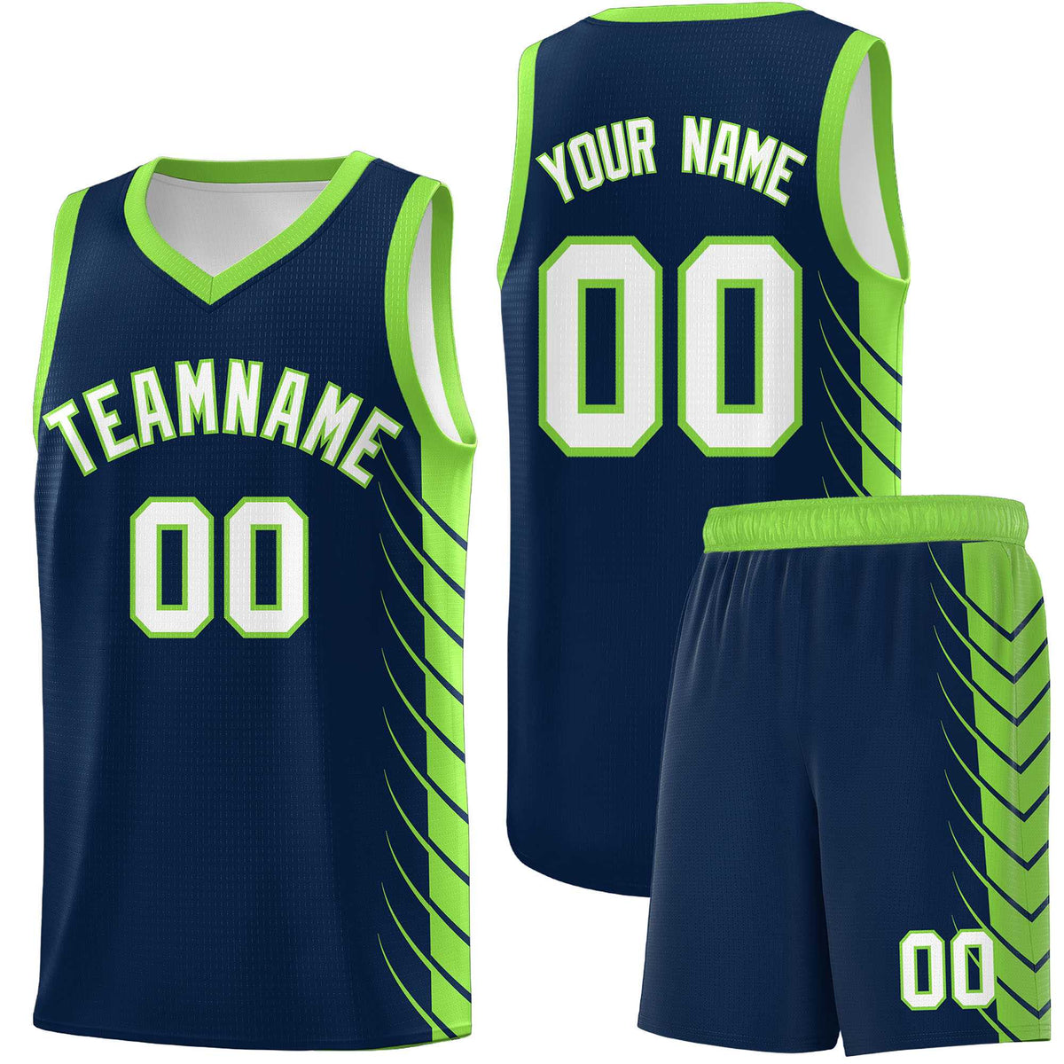 Custom Navy Fluorescent Green Personalized Side Symmetrical Line Pattern Sports Uniform Basketball Jersey