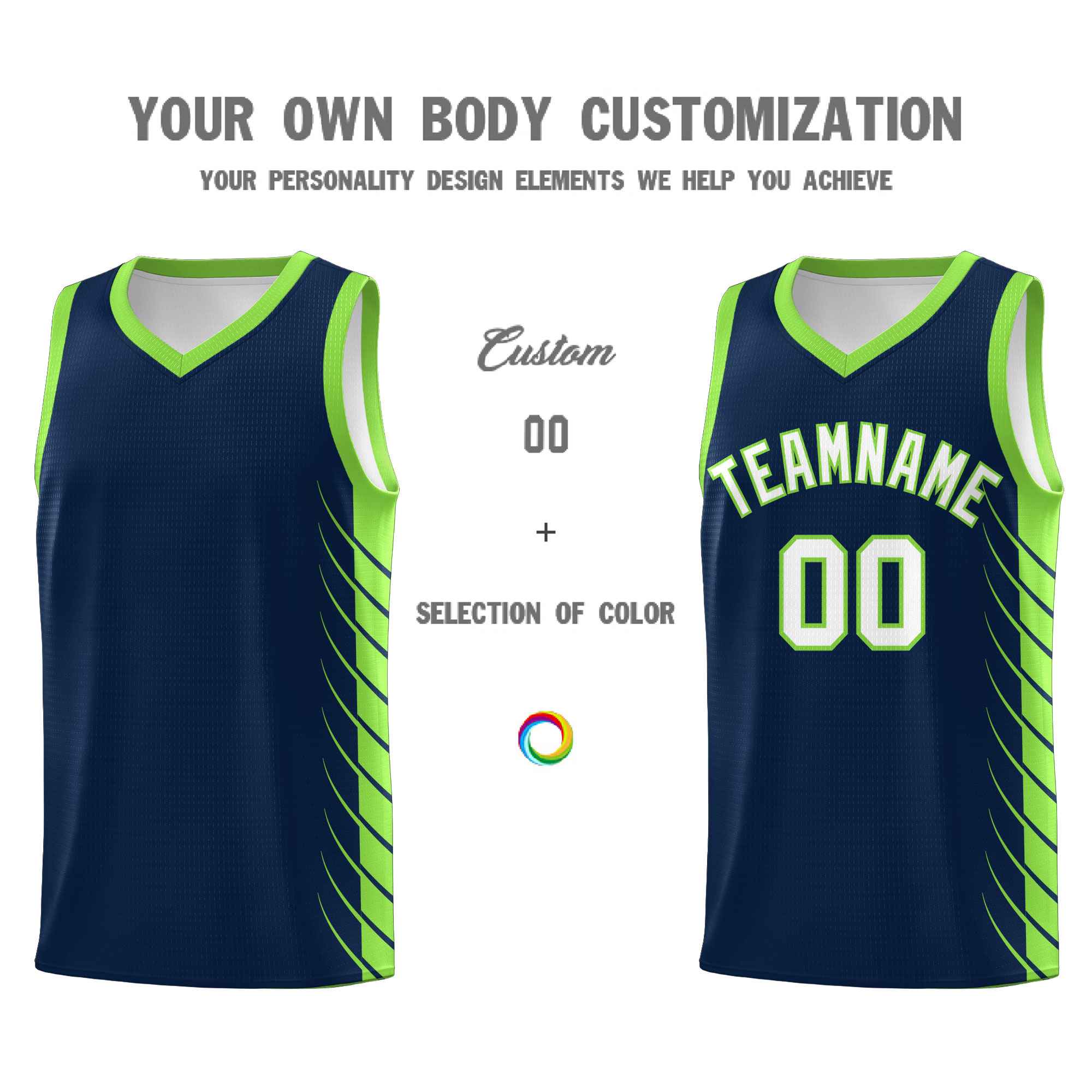 Custom Navy Fluorescent Green Personalized Side Symmetrical Line Pattern Sports Uniform Basketball Jersey