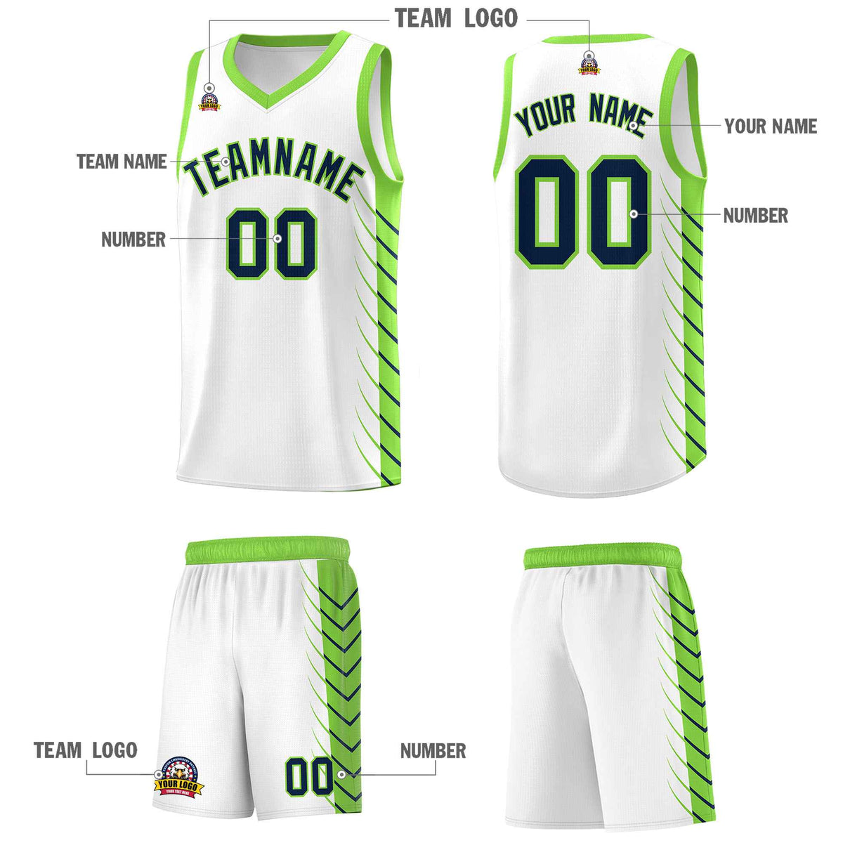 Custom White Fluorescent Green Personalized Side Symmetrical Line Pattern Sports Uniform Basketball Jersey