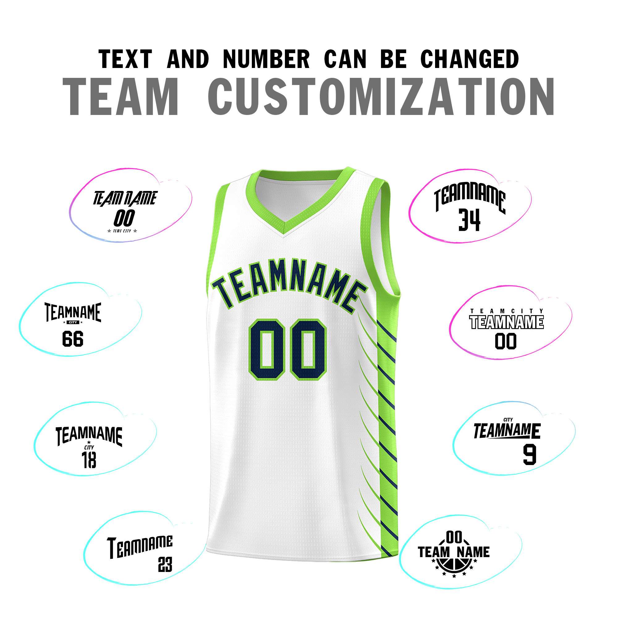 Custom White Fluorescent Green Personalized Side Symmetrical Line Pattern Sports Uniform Basketball Jersey