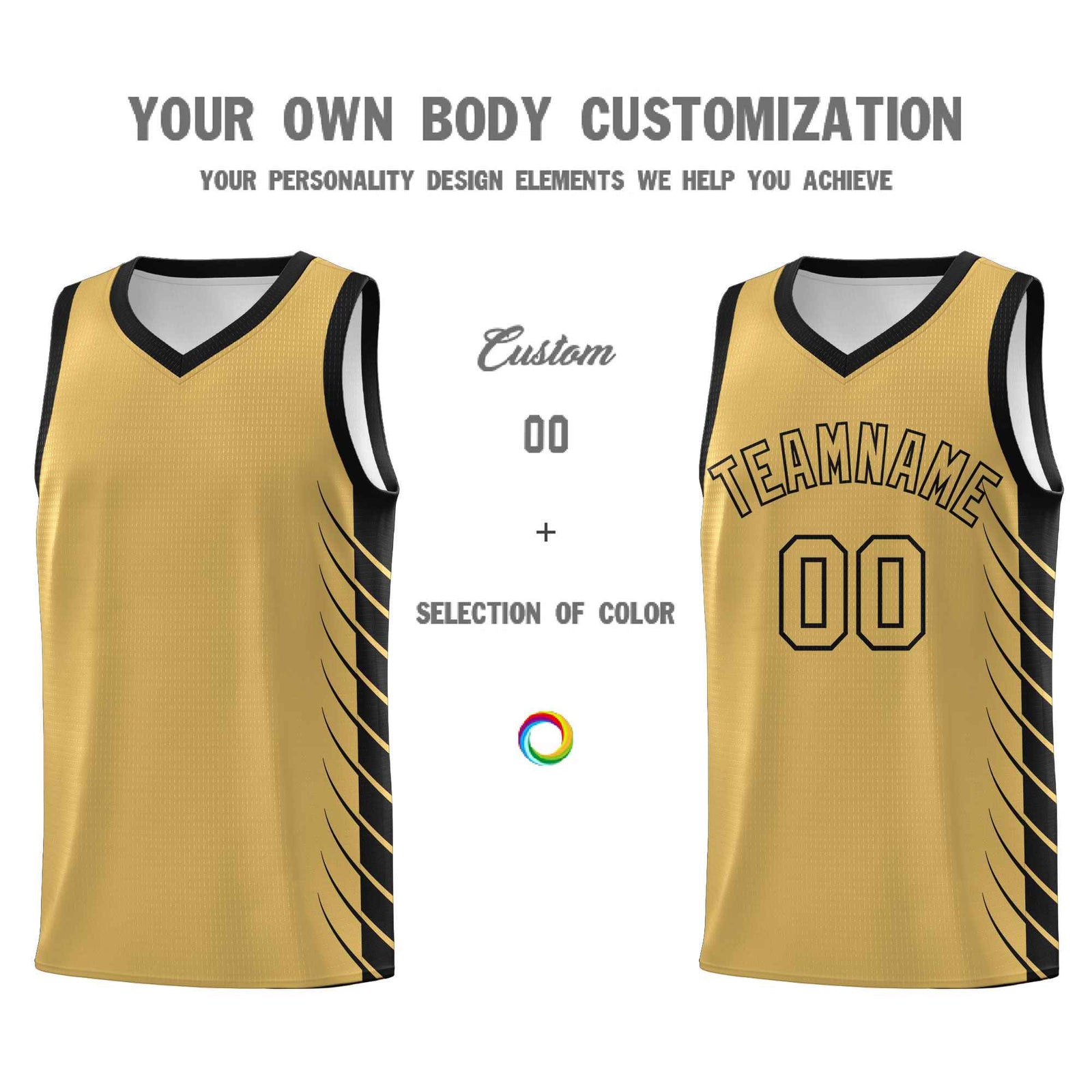 Custom Old Gold Black Personalized Side Symmetrical Line Pattern Sports Uniform Basketball Jersey