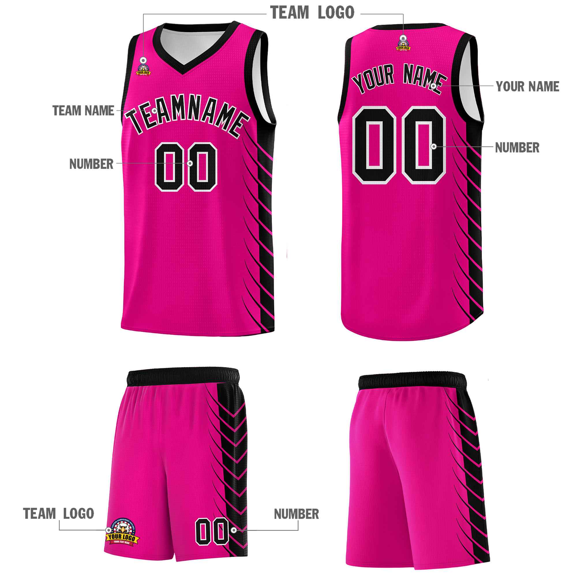 Custom Pink Black Personalized Side Symmetrical Line Pattern Sports Uniform Basketball Jersey