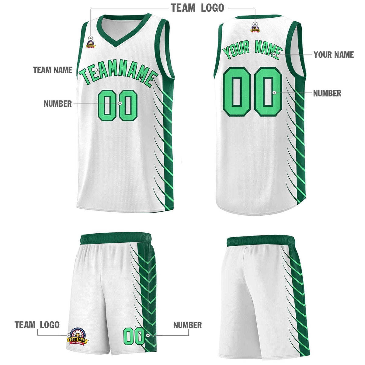 Custom White Kelly Green Personalized Side Symmetrical Line Pattern Sports Uniform Basketball Jersey