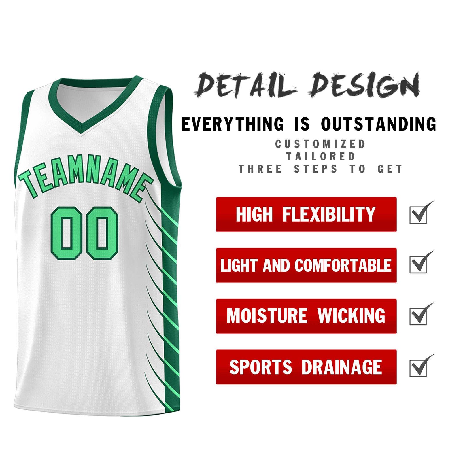 Custom White Kelly Green Personalized Side Symmetrical Line Pattern Sports Uniform Basketball Jersey