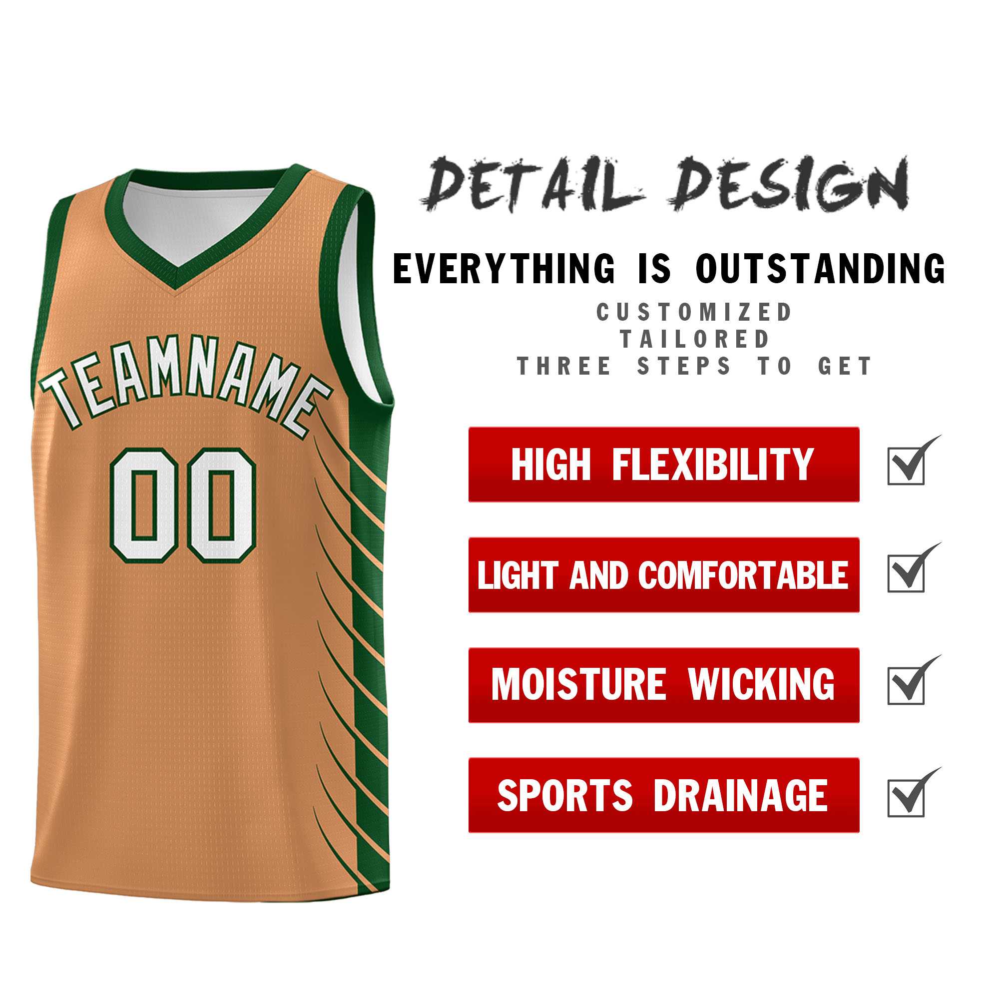 Custom Buckskin Brown Green Personalized Side Symmetrical Line Pattern Sports Uniform Basketball Jersey
