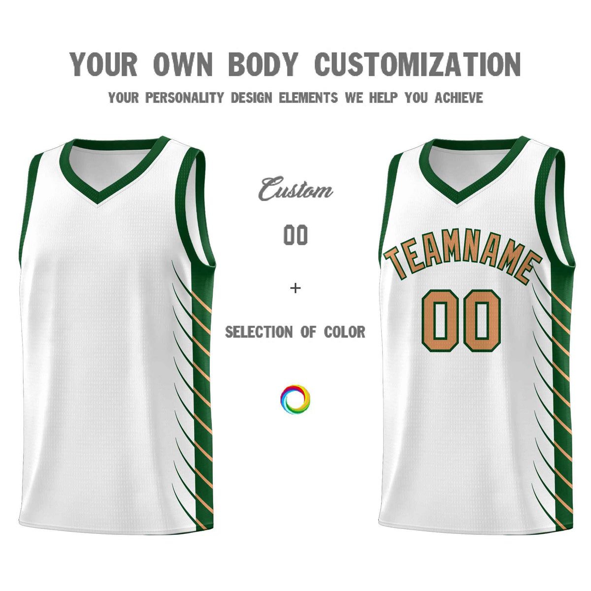 Custom White Green Personalized Side Symmetrical Line Pattern Sports Uniform Basketball Jersey