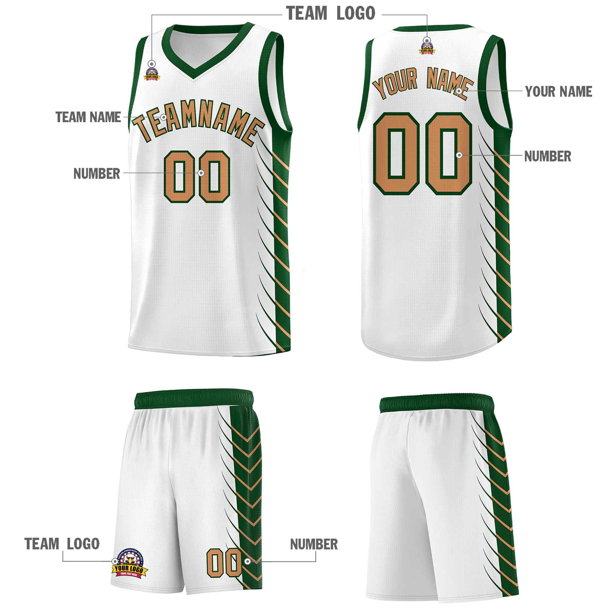 Custom White Green Personalized Side Symmetrical Line Pattern Sports Uniform Basketball Jersey
