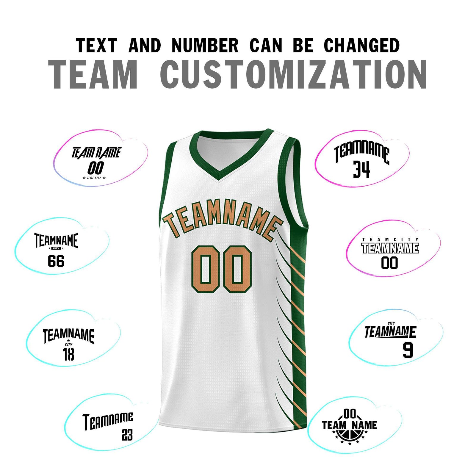 Custom White Green Personalized Side Symmetrical Line Pattern Sports Uniform Basketball Jersey