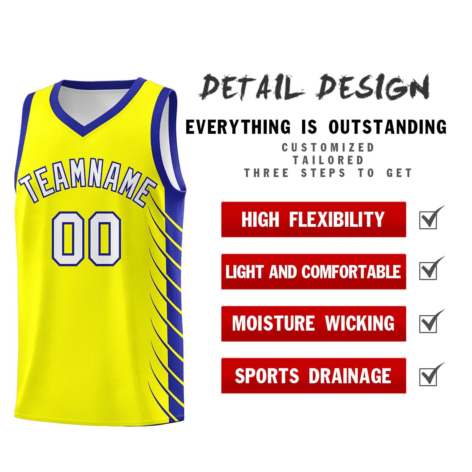 Custom Fluorescent Yellow Royal Personalized Side Symmetrical Line Pattern Sports Uniform Basketball Jersey