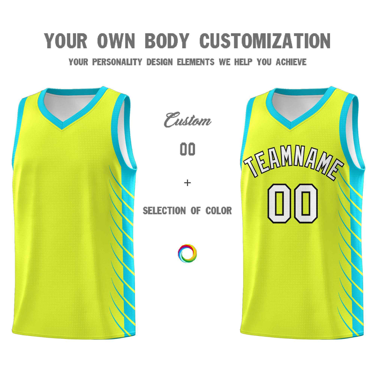 Custom Fluorescent Green Sky Blue Personalized Side Symmetrical Line Pattern Sports Uniform Basketball Jersey