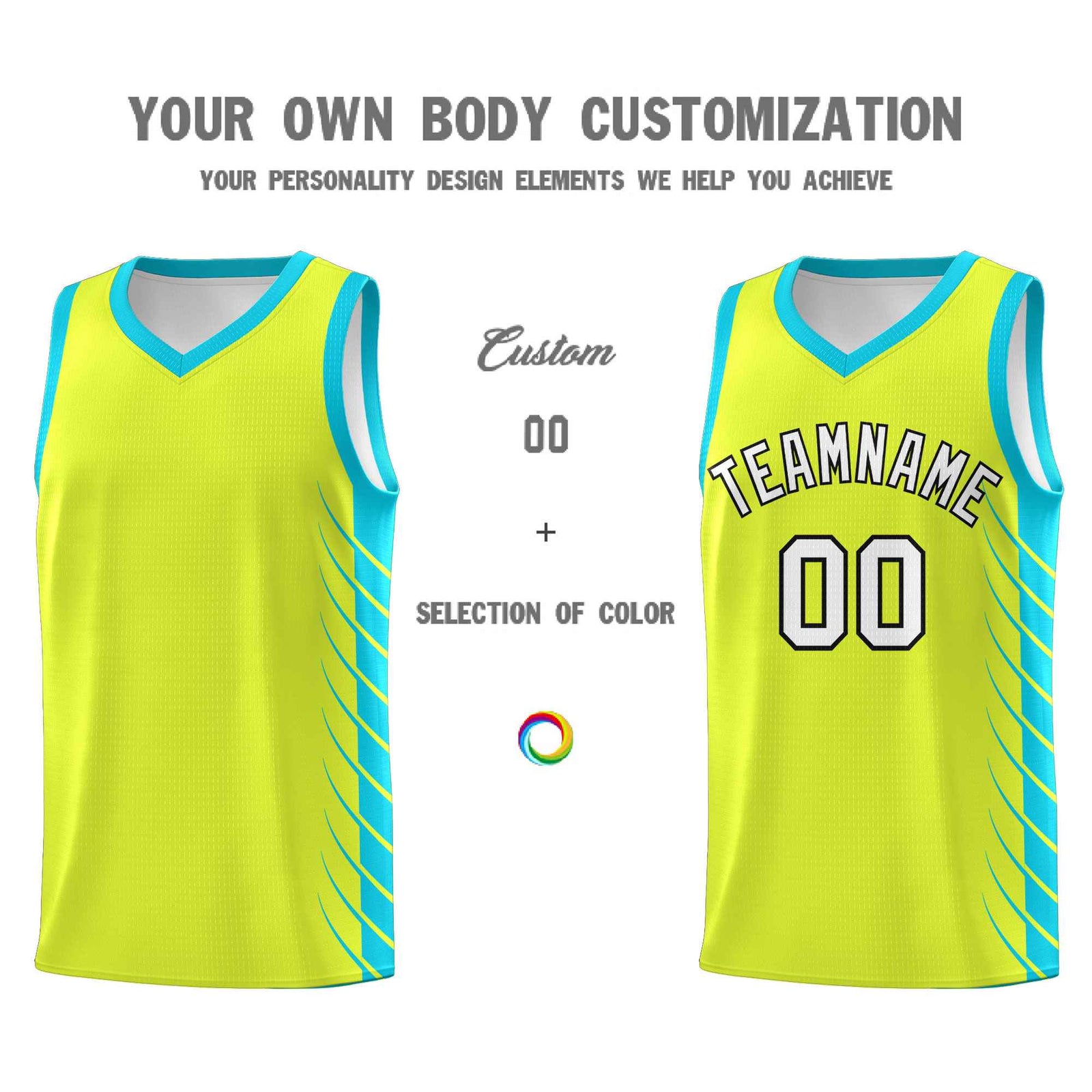 Custom Fluorescent Green Sky Blue Personalized Side Symmetrical Line Pattern Sports Uniform Basketball Jersey