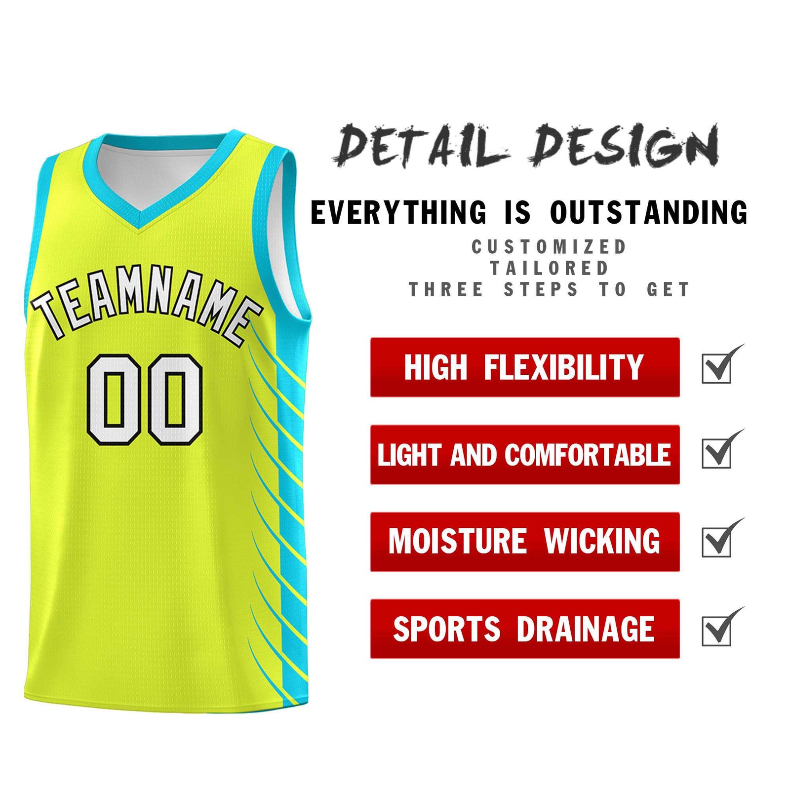 Custom Fluorescent Green Sky Blue Personalized Side Symmetrical Line Pattern Sports Uniform Basketball Jersey