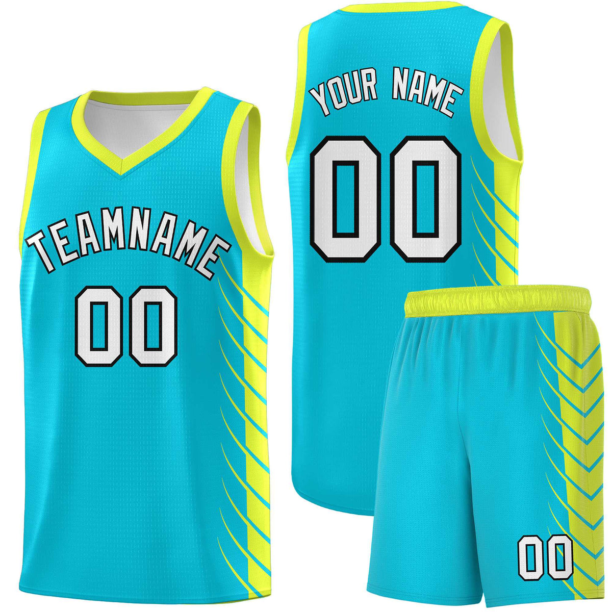 Custom Sky Blue Fluorescent Green Personalized Side Symmetrical Line Pattern Sports Uniform Basketball Jersey