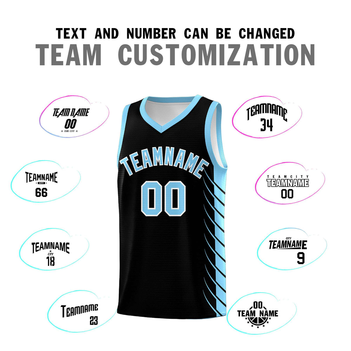 Custom Black Light Blue Personalized Side Symmetrical Line Pattern Sports Uniform Basketball Jersey