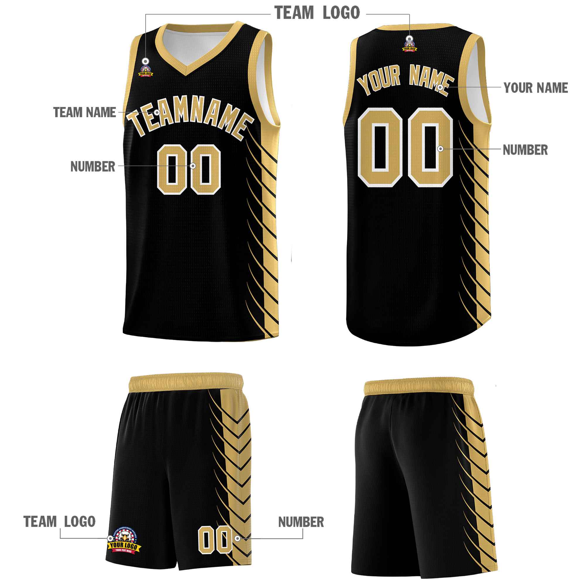 Custom Black Old Gold Personalized Side Symmetrical Line Pattern Sports Uniform Basketball Jersey