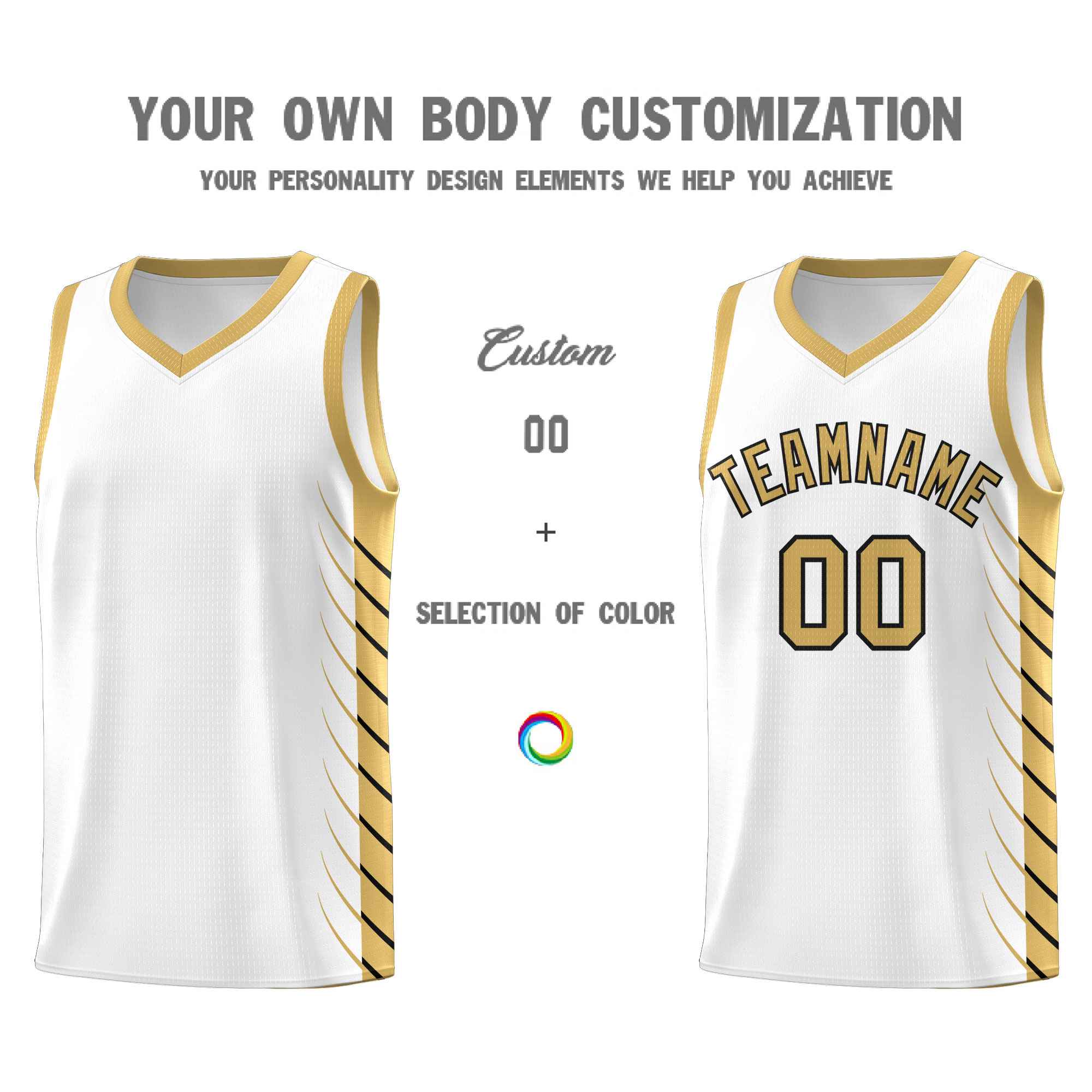 Custom White Old Gold Personalized Side Symmetrical Line Pattern Sports Uniform Basketball Jersey