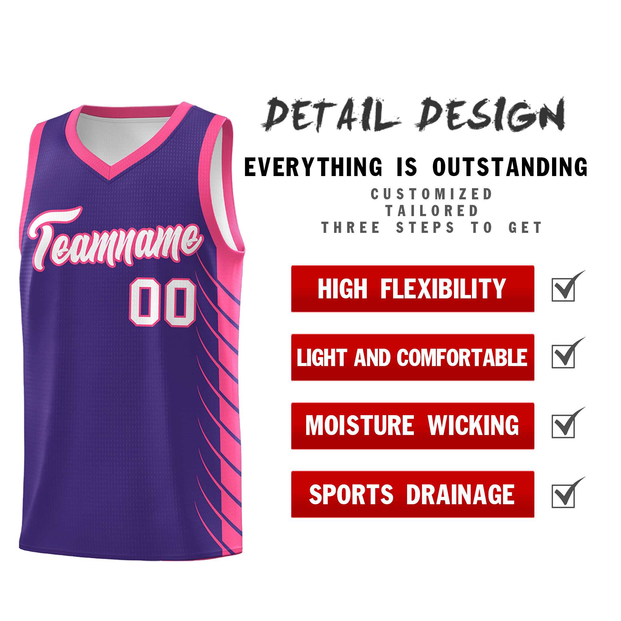 Custom Purple Pink Personalized Side Symmetrical Line Pattern Sports Uniform Basketball Jersey