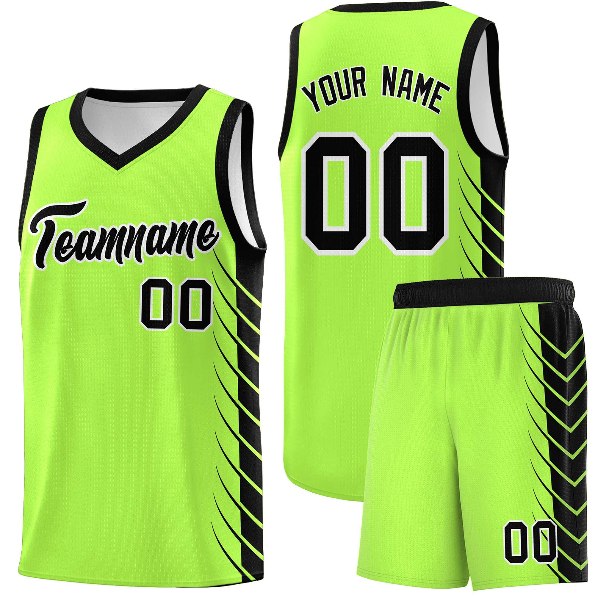 Custom Fluorescent Green Black Personalized Side Symmetrical Line Pattern Sports Uniform Basketball Jersey