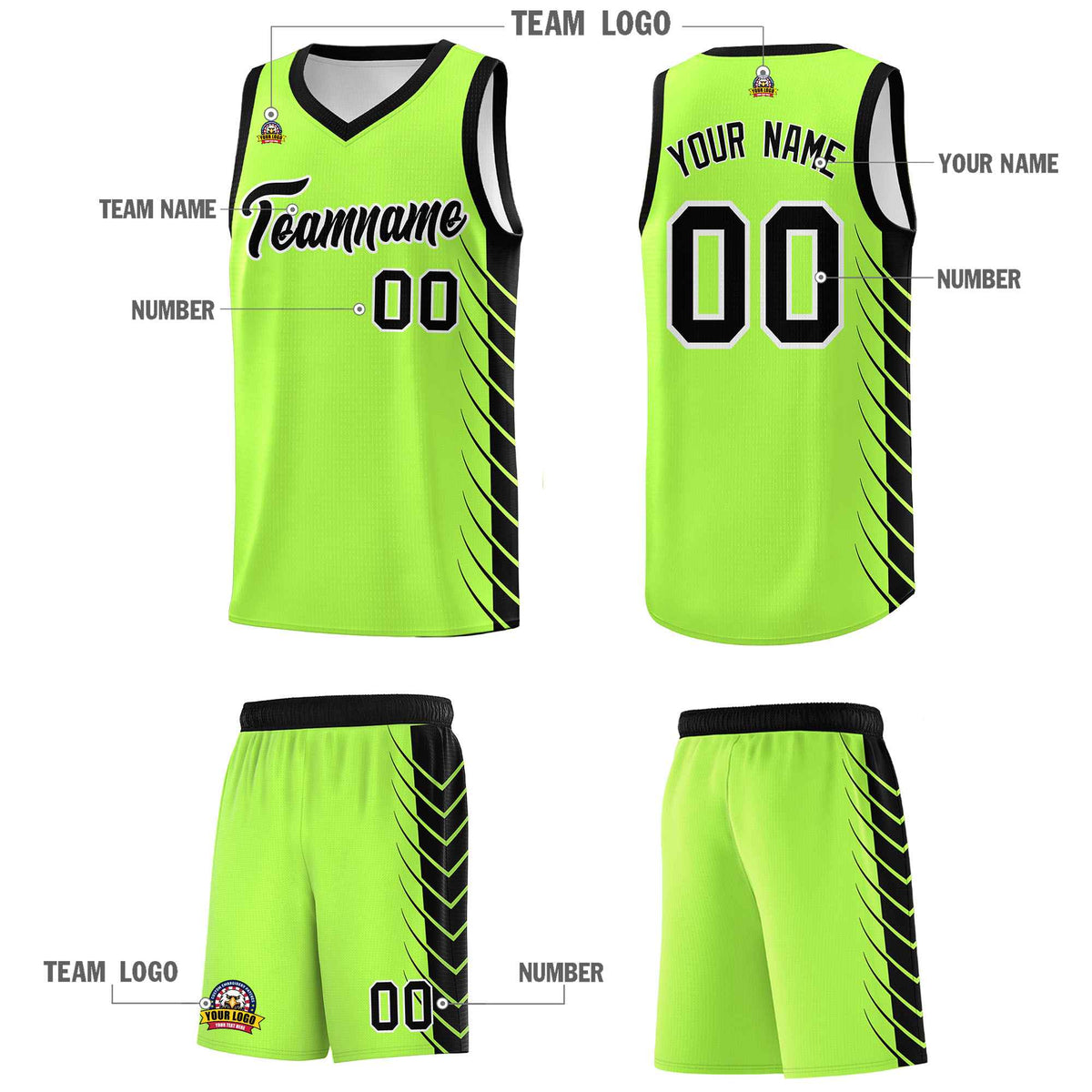 Custom Fluorescent Green Black Personalized Side Symmetrical Line Pattern Sports Uniform Basketball Jersey