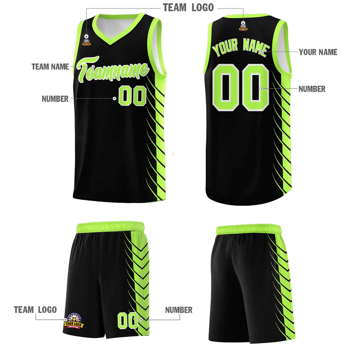 Custom Black Fluorescent Green Personalized Side Symmetrical Line Pattern Sports Uniform Basketball Jersey