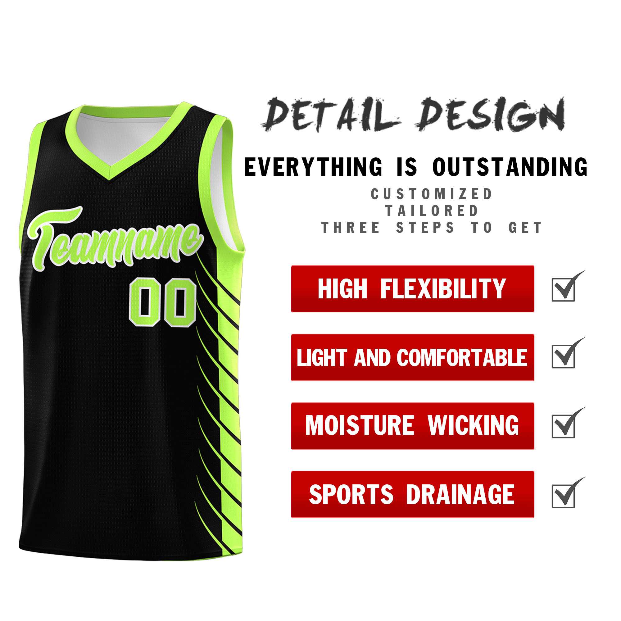 Custom Black Fluorescent Green Personalized Side Symmetrical Line Pattern Sports Uniform Basketball Jersey