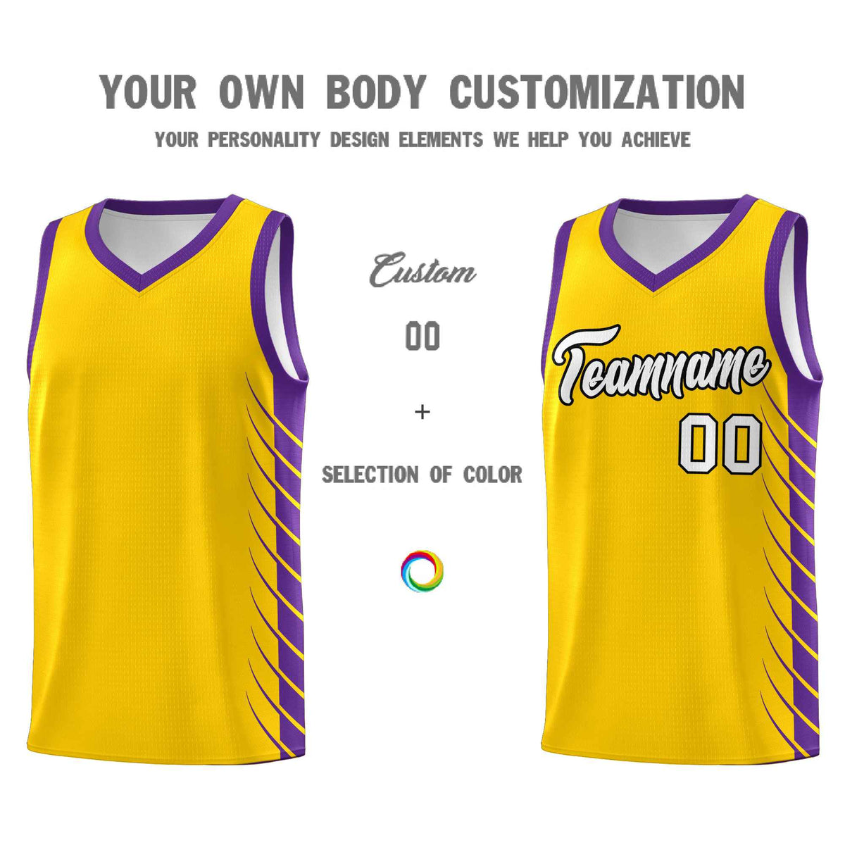Custom Gold Purple Personalized Side Symmetrical Line Pattern Sports Uniform Basketball Jersey