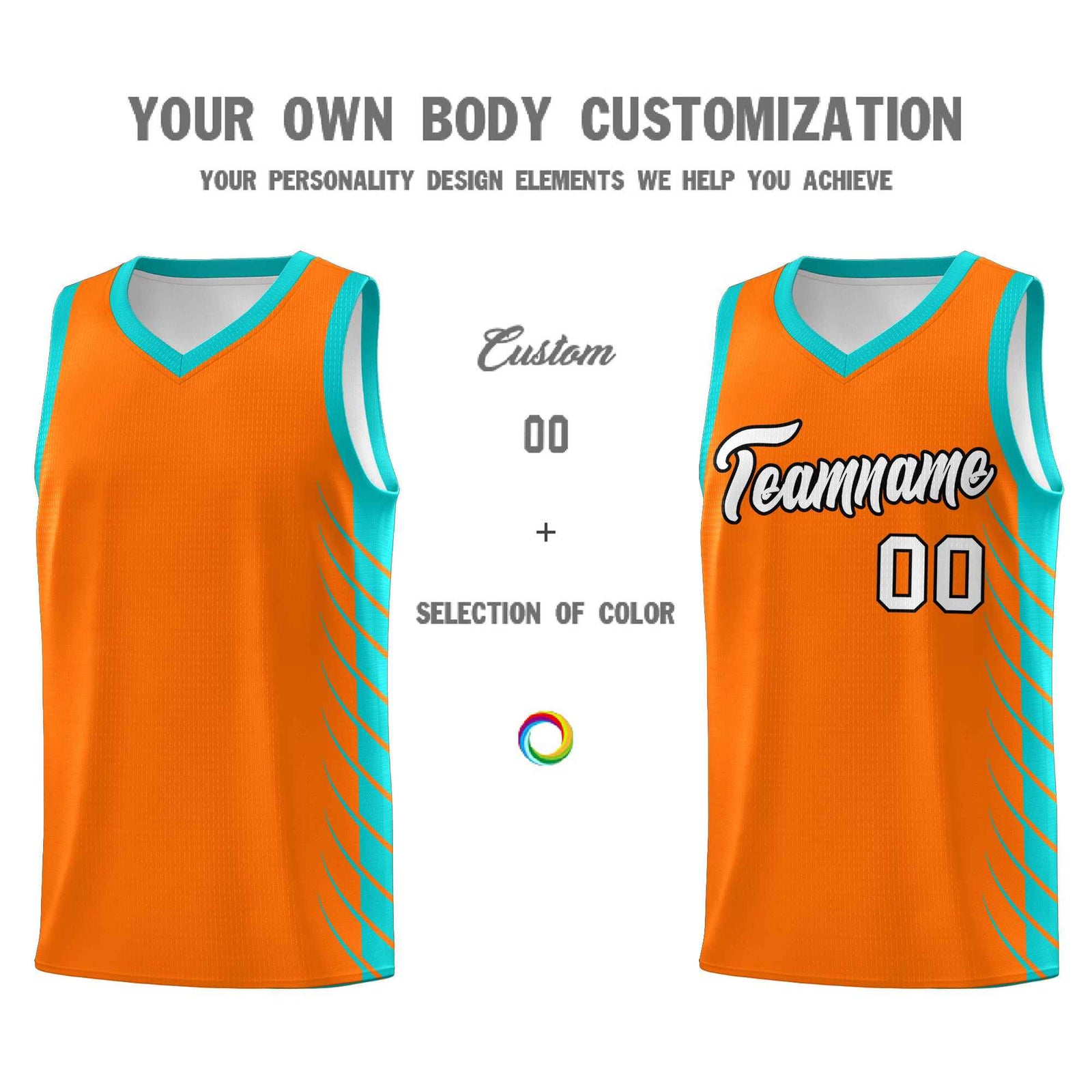 Custom Orange Aqua Personalized Side Symmetrical Line Pattern Sports Uniform Basketball Jersey